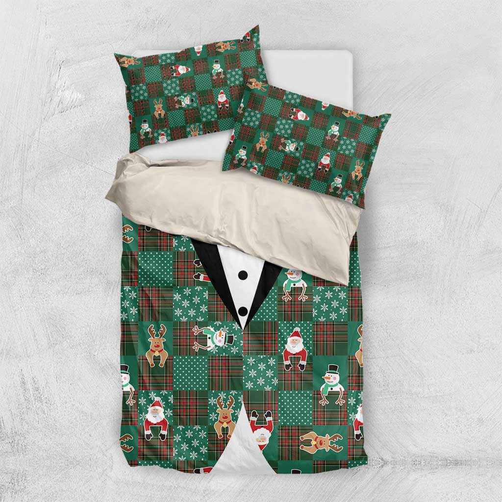 Christmas Patchwork Fake Tuxedo Bedding Set Santa and Reindeer Green Plaid Style - Wonder Print Shop