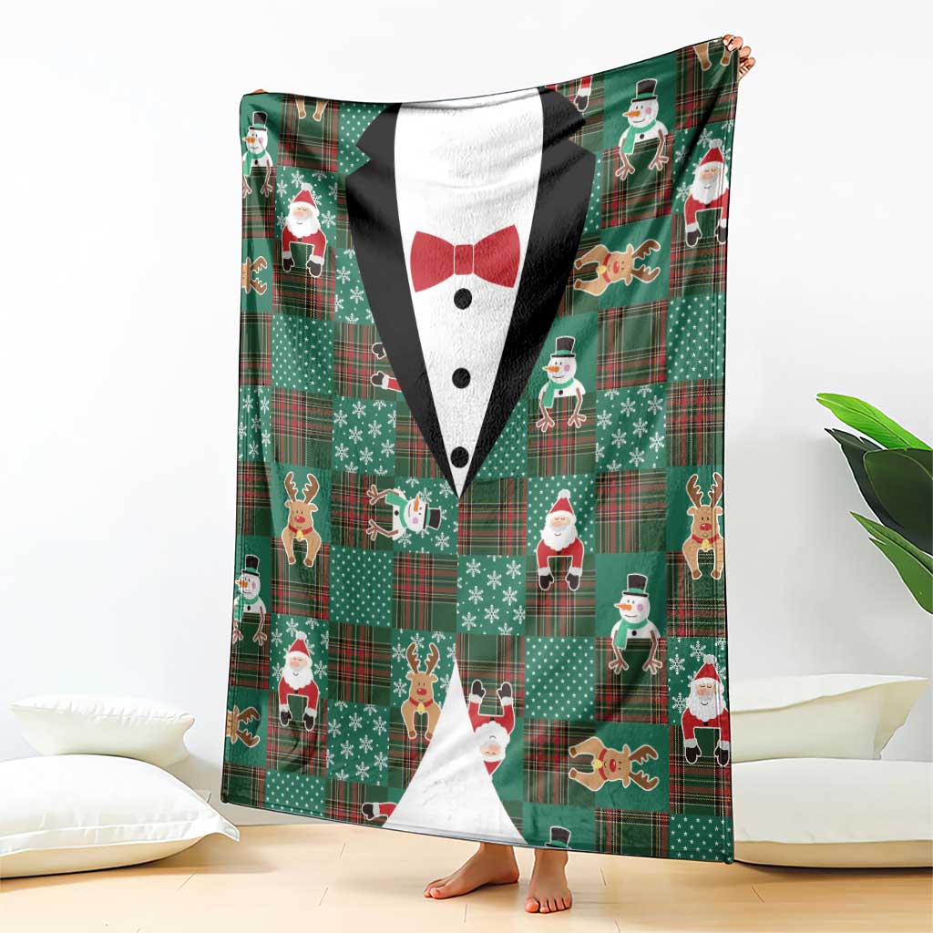 Christmas Patchwork Fake Tuxedo Blanket Santa and Reindeer Green Plaid Style - Wonder Print Shop