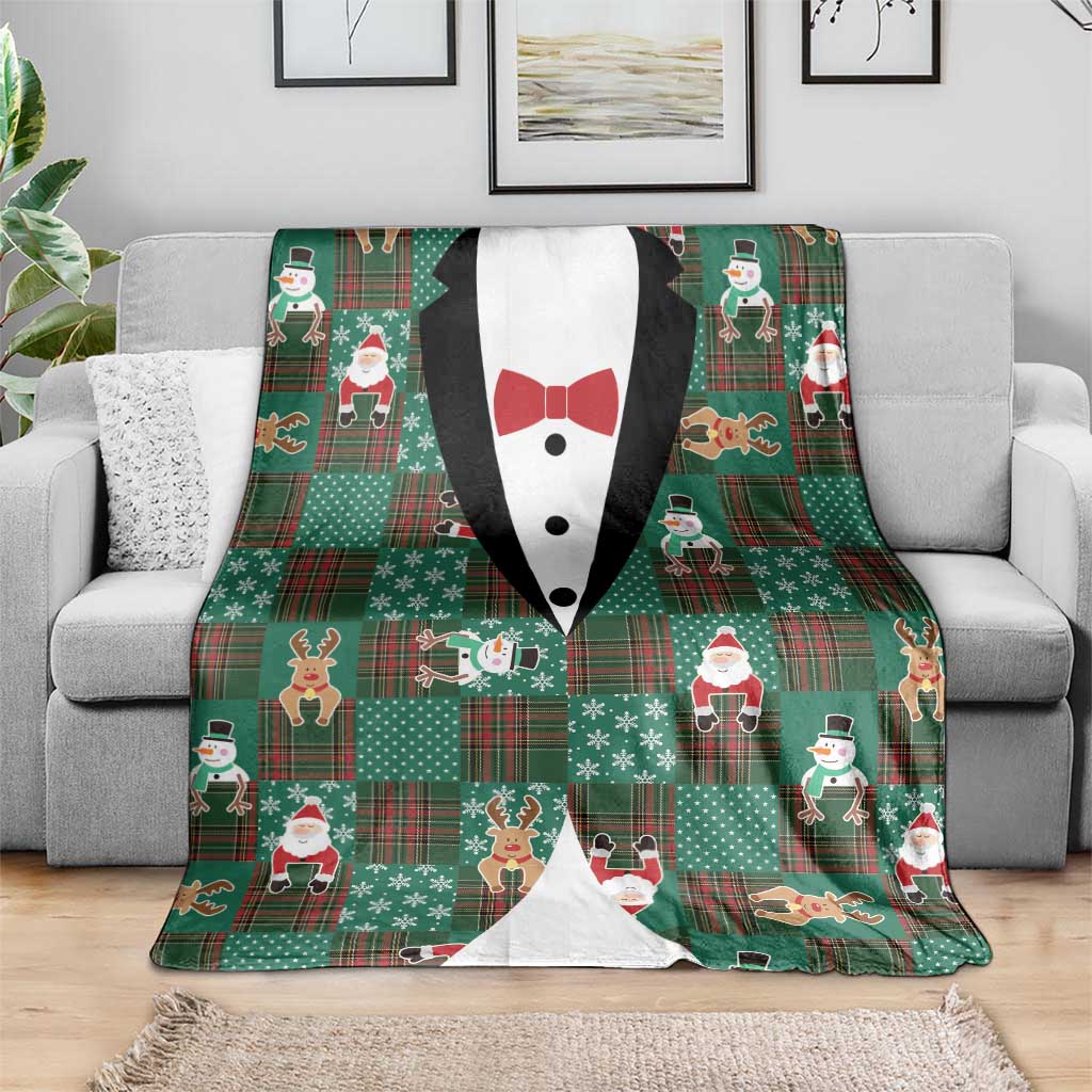 Christmas Patchwork Fake Tuxedo Blanket Santa and Reindeer Green Plaid Style - Wonder Print Shop