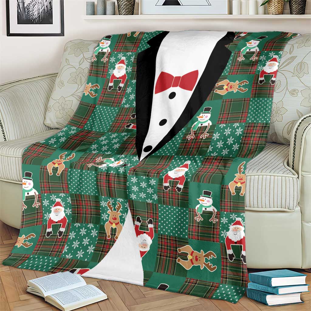 Christmas Patchwork Fake Tuxedo Blanket Santa and Reindeer Green Plaid Style - Wonder Print Shop