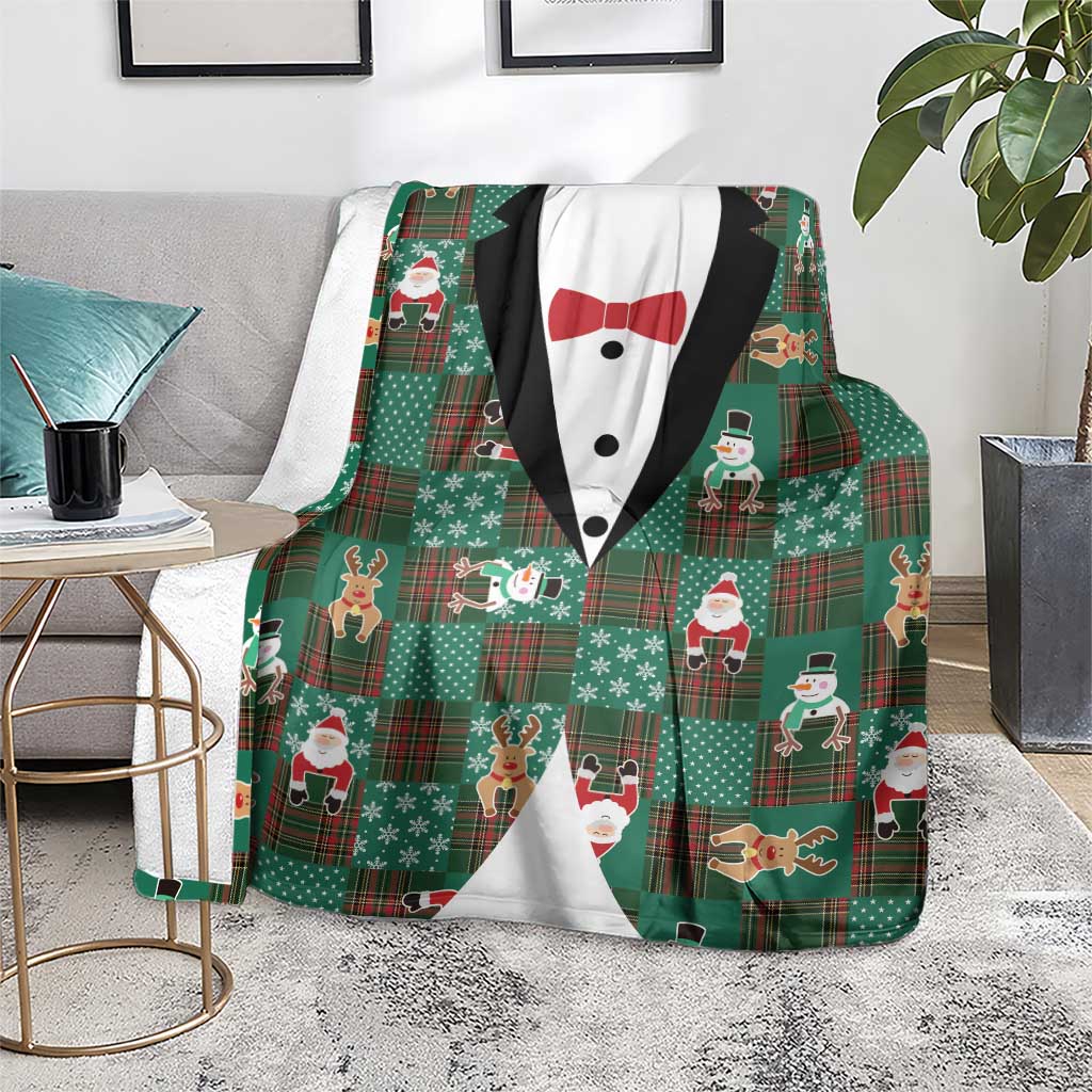 Christmas Patchwork Fake Tuxedo Blanket Santa and Reindeer Green Plaid Style - Wonder Print Shop