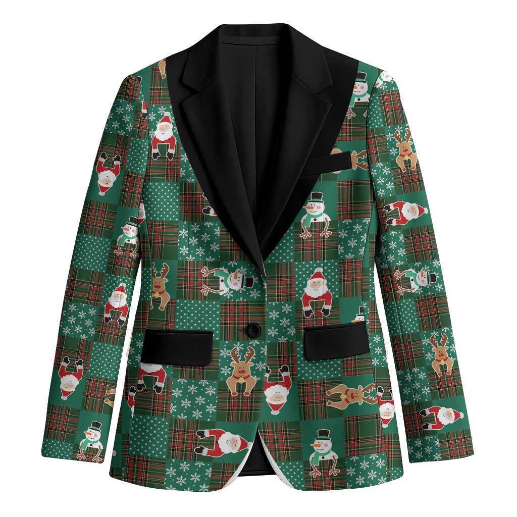 Christmas Patchwork Fake Tuxedo Blazer Santa and Reindeer Green Plaid Style - Wonder Print Shop
