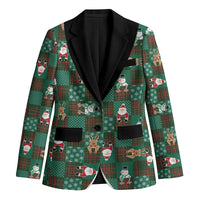Christmas Patchwork Fake Tuxedo Blazer Santa and Reindeer Green Plaid Style - Wonder Print Shop