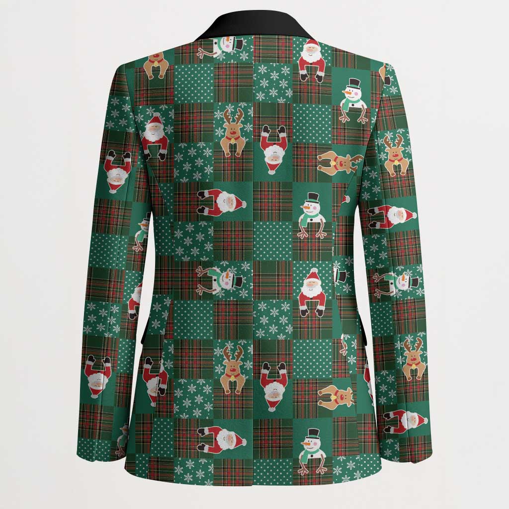 Christmas Patchwork Fake Tuxedo Blazer Santa and Reindeer Green Plaid Style - Wonder Print Shop