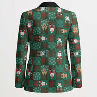 Christmas Patchwork Fake Tuxedo Blazer Santa and Reindeer Green Plaid Style - Wonder Print Shop