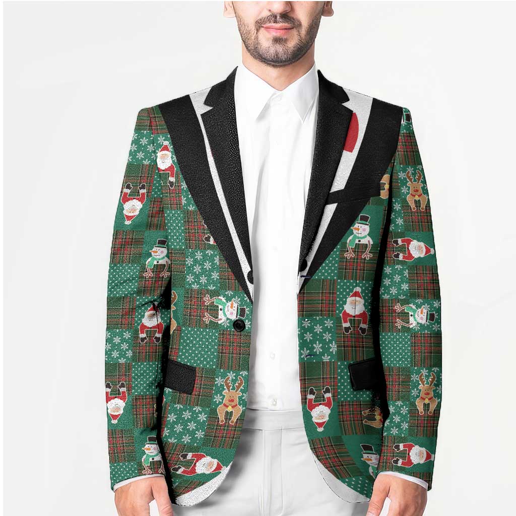 Christmas Patchwork Fake Tuxedo Blazer Santa and Reindeer Green Plaid Style - Wonder Print Shop