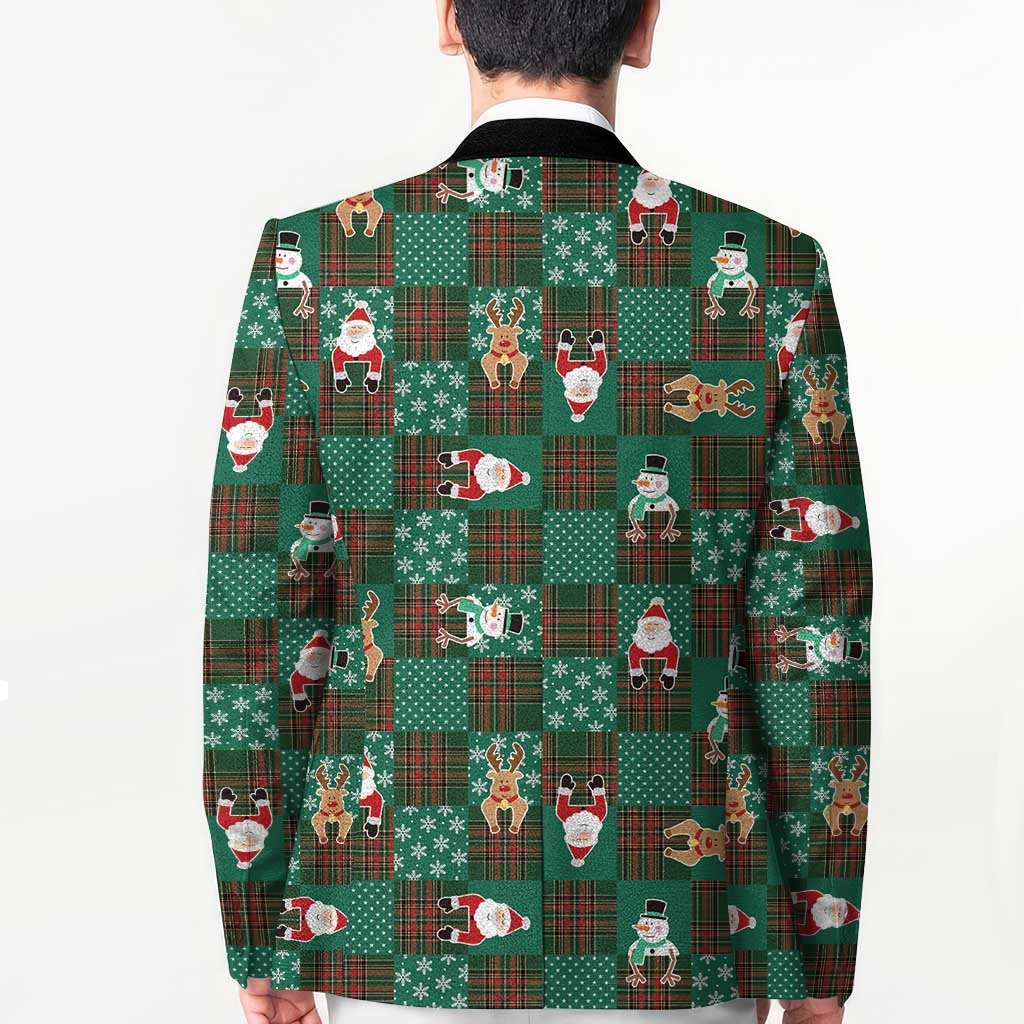 Christmas Patchwork Fake Tuxedo Blazer Santa and Reindeer Green Plaid Style - Wonder Print Shop