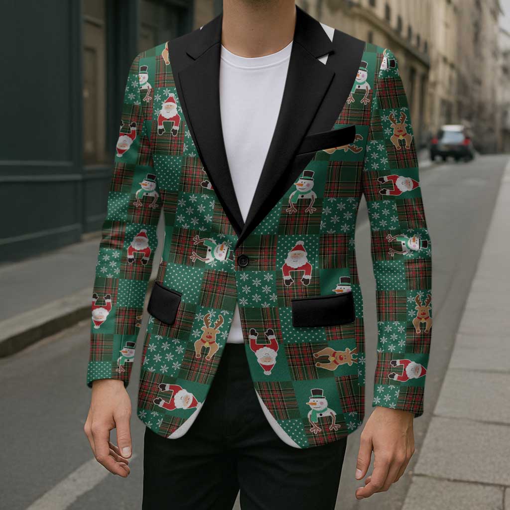 Christmas Patchwork Fake Tuxedo Blazer Santa and Reindeer Green Plaid Style - Wonder Print Shop