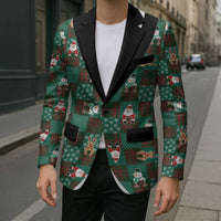 Christmas Patchwork Fake Tuxedo Blazer Santa and Reindeer Green Plaid Style - Wonder Print Shop