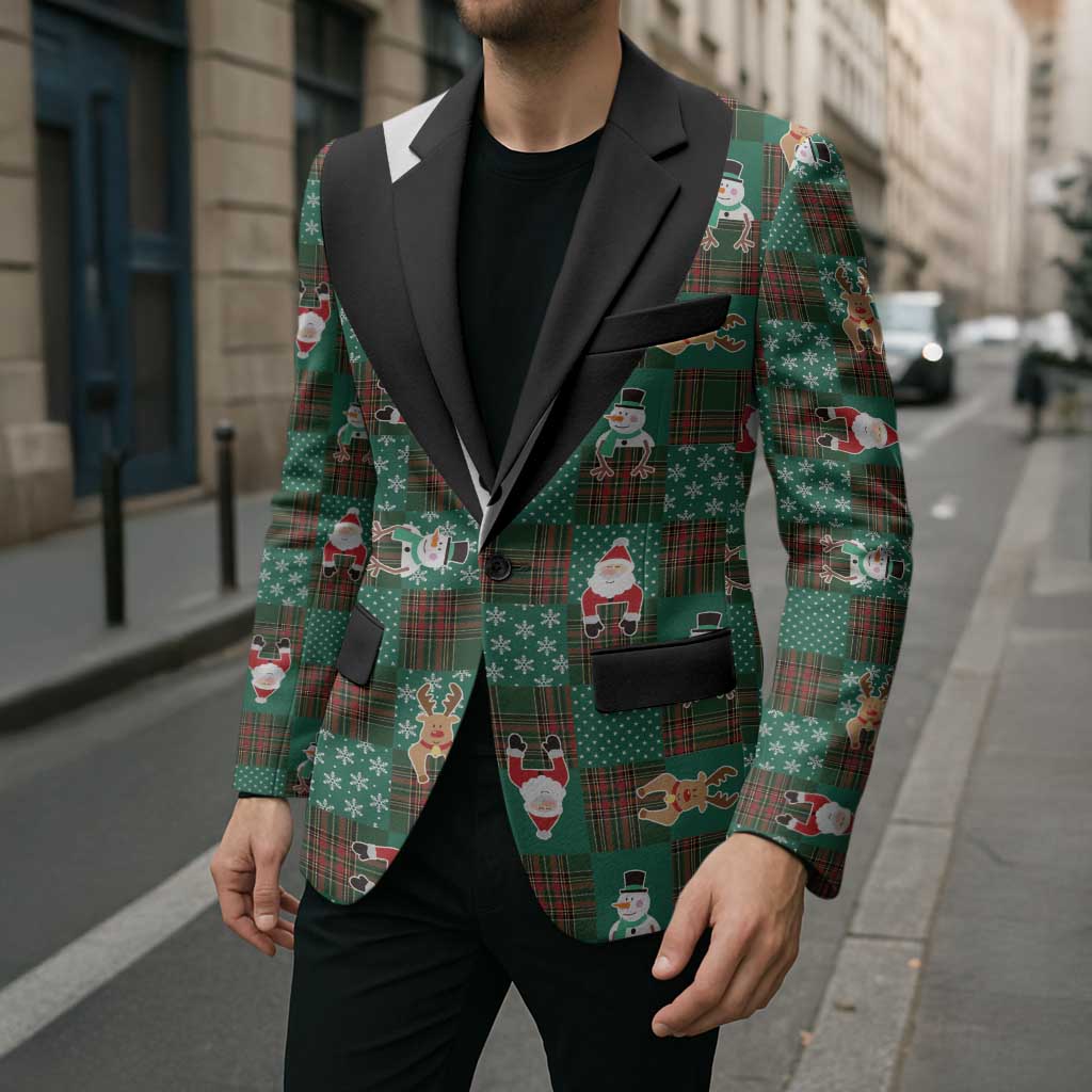 Christmas Patchwork Fake Tuxedo Blazer Santa and Reindeer Green Plaid Style - Wonder Print Shop