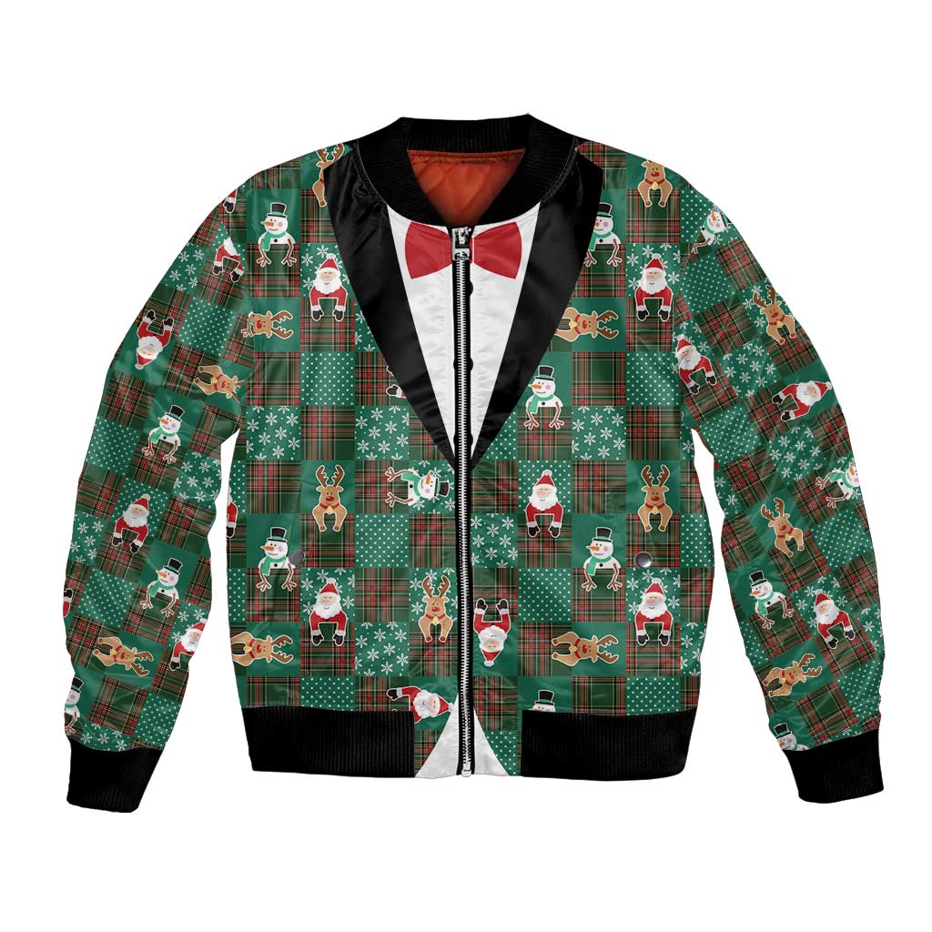 Christmas Patchwork Fake Tuxedo Bomber Jacket Santa and Reindeer Green Plaid Style - Wonder Print Shop