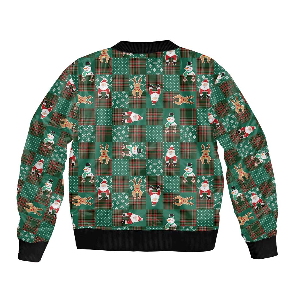 Christmas Patchwork Fake Tuxedo Bomber Jacket Santa and Reindeer Green Plaid Style - Wonder Print Shop