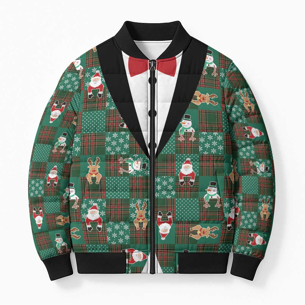 Christmas Patchwork Fake Tuxedo Bomber Puffer Jacket Santa and Reindeer Green Plaid Style - Wonder Print Shop