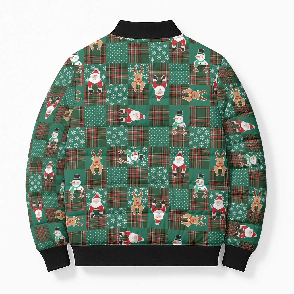 Christmas Patchwork Fake Tuxedo Bomber Puffer Jacket Santa and Reindeer Green Plaid Style - Wonder Print Shop