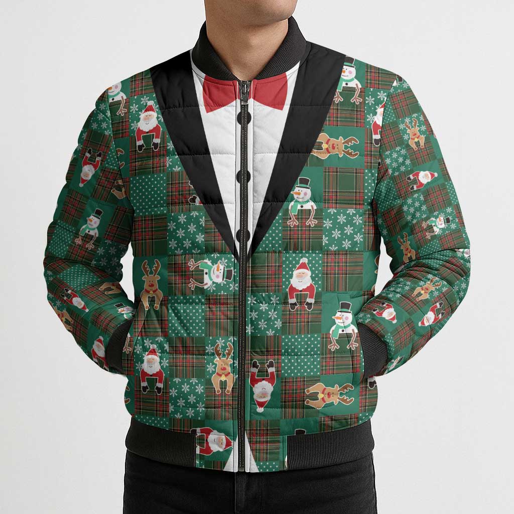 Christmas Patchwork Fake Tuxedo Bomber Puffer Jacket Santa and Reindeer Green Plaid Style - Wonder Print Shop
