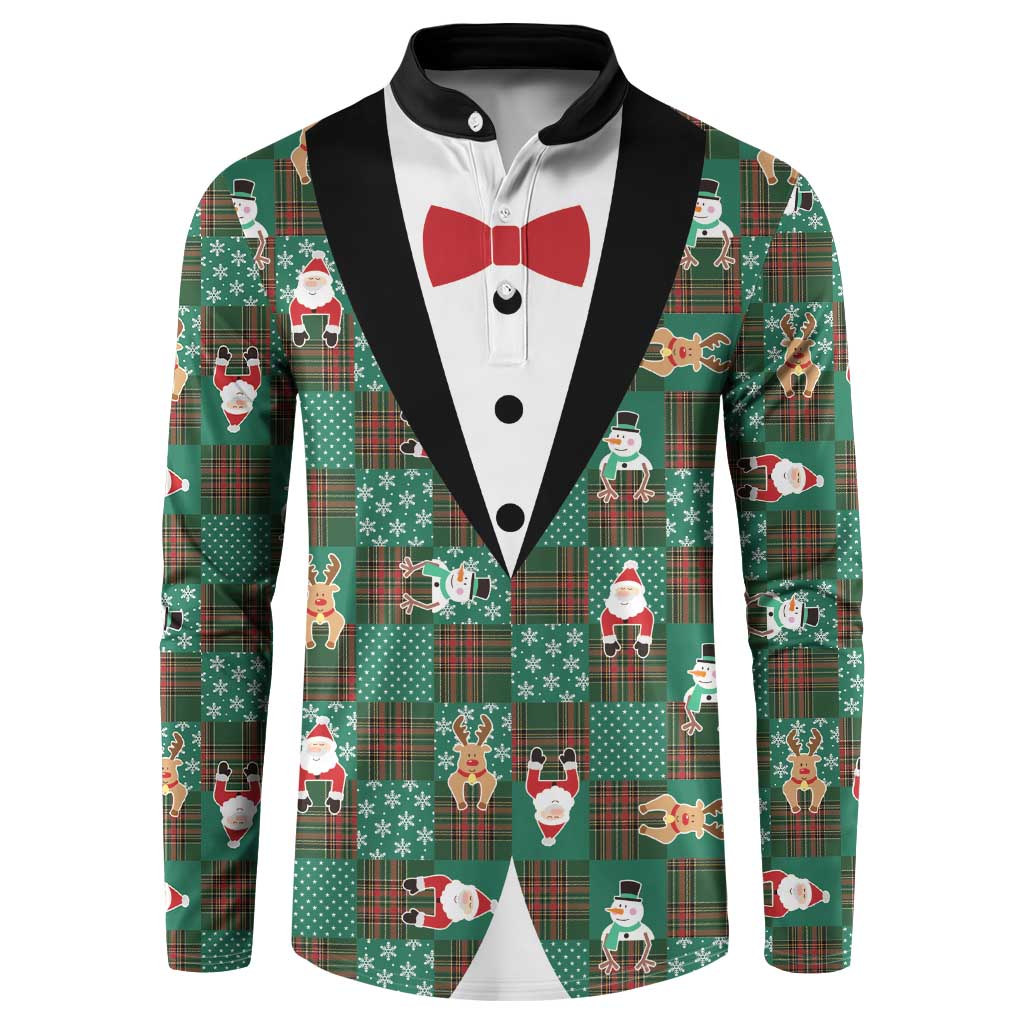 Christmas Patchwork Fake Tuxedo Button Sweatshirt Santa and Reindeer Green Plaid Style - Wonder Print Shop
