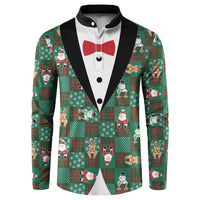 Christmas Patchwork Fake Tuxedo Button Sweatshirt Santa and Reindeer Green Plaid Style - Wonder Print Shop