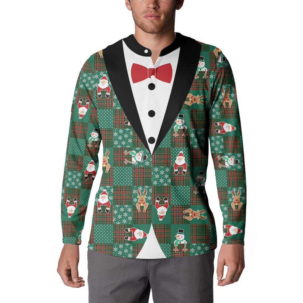 Christmas Patchwork Fake Tuxedo Button Sweatshirt Santa and Reindeer Green Plaid Style - Wonder Print Shop