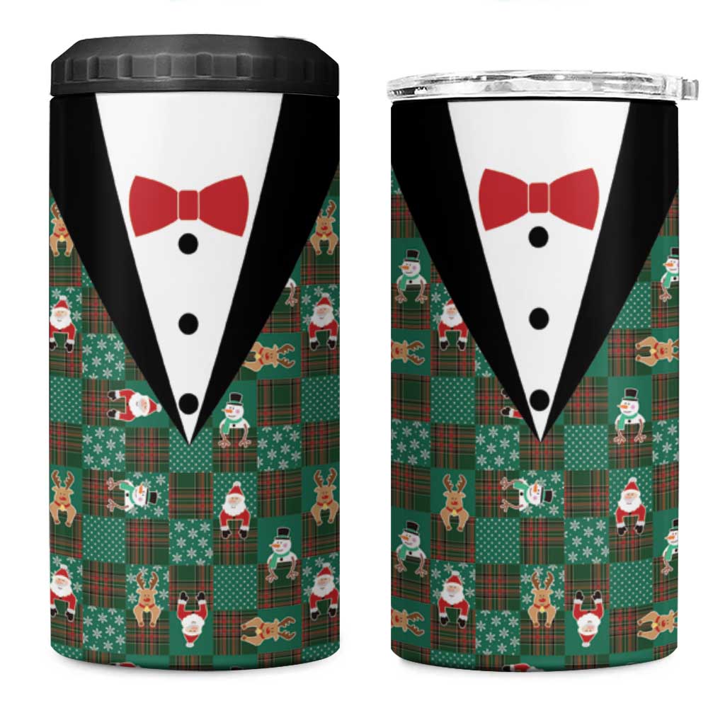 Christmas Patchwork Fake Tuxedo 4 in 1 Can Cooler Tumbler Santa and Reindeer Green Plaid Style - Wonder Print Shop