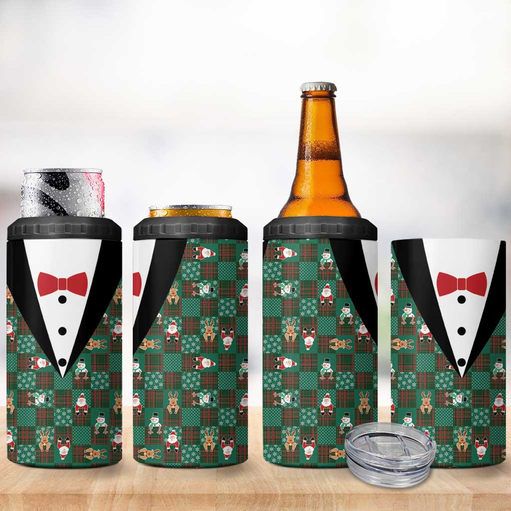 Christmas Patchwork Fake Tuxedo 4 in 1 Can Cooler Tumbler Santa and Reindeer Green Plaid Style - Wonder Print Shop