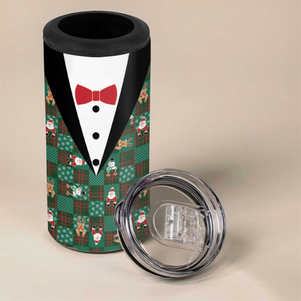 Christmas Patchwork Fake Tuxedo 4 in 1 Can Cooler Tumbler Santa and Reindeer Green Plaid Style - Wonder Print Shop