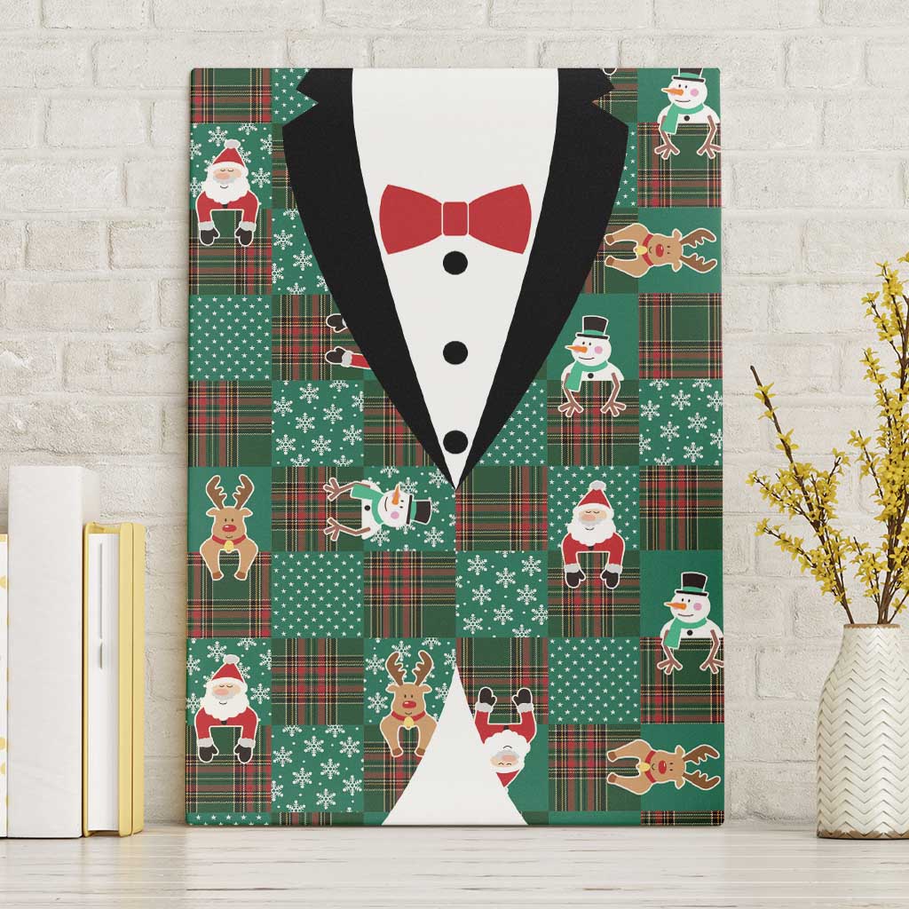 Christmas Patchwork Fake Tuxedo Canvas Wall Art Santa and Reindeer Green Plaid Style - Wonder Print Shop