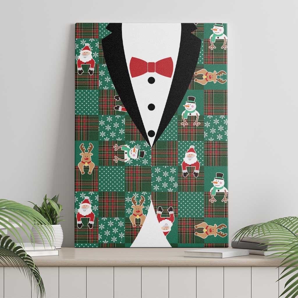 Christmas Patchwork Fake Tuxedo Canvas Wall Art Santa and Reindeer Green Plaid Style - Wonder Print Shop