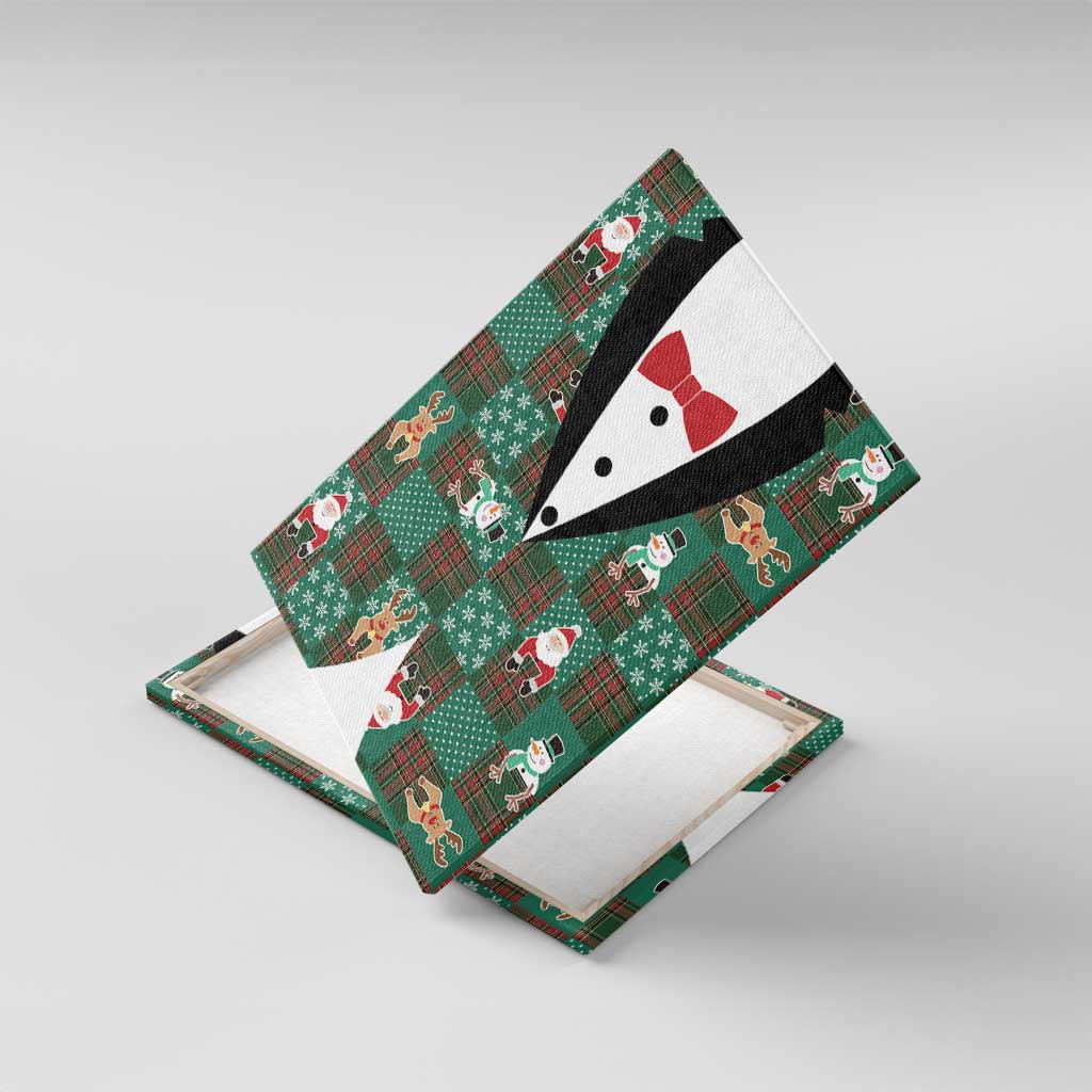 Christmas Patchwork Fake Tuxedo Canvas Wall Art Santa and Reindeer Green Plaid Style - Wonder Print Shop