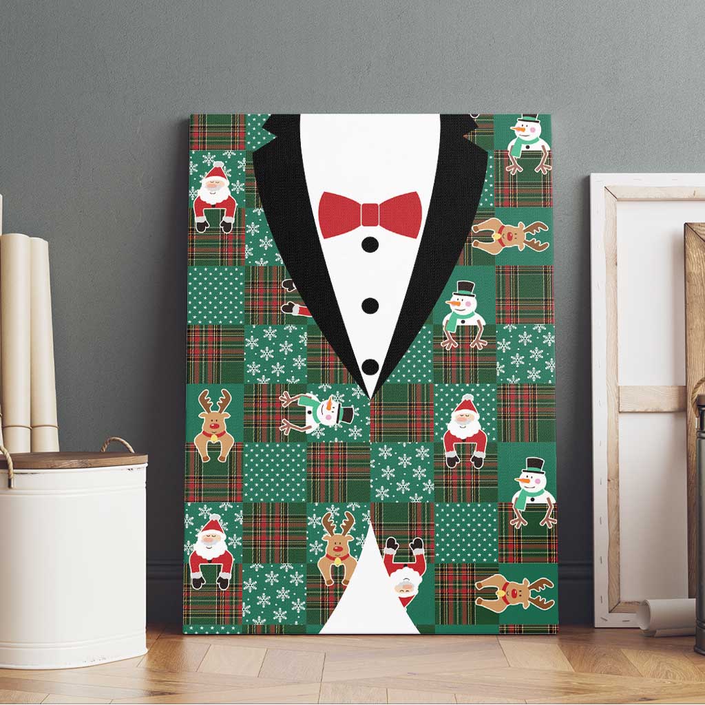 Christmas Patchwork Fake Tuxedo Canvas Wall Art Santa and Reindeer Green Plaid Style - Wonder Print Shop