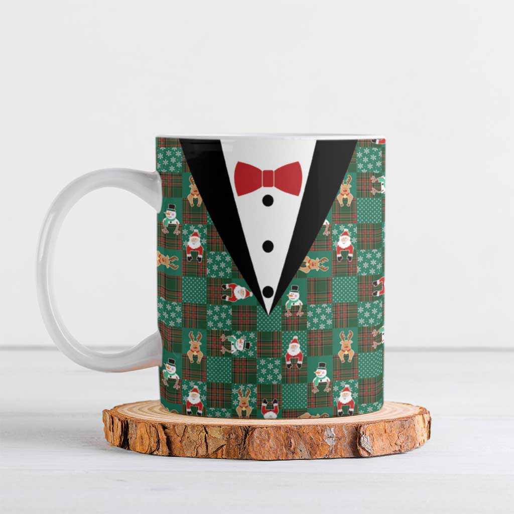 Christmas Patchwork Fake Tuxedo Ceramic Mug Santa and Reindeer Green Plaid Style - Wonder Print Shop