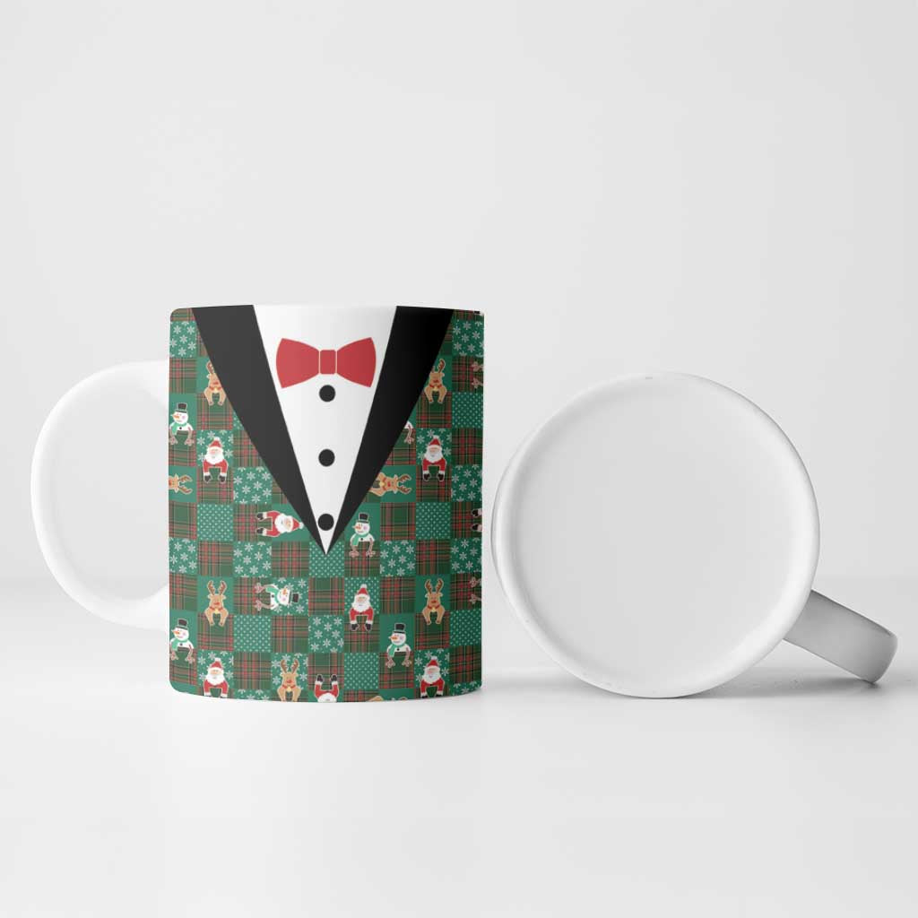 Christmas Patchwork Fake Tuxedo Ceramic Mug Santa and Reindeer Green Plaid Style - Wonder Print Shop