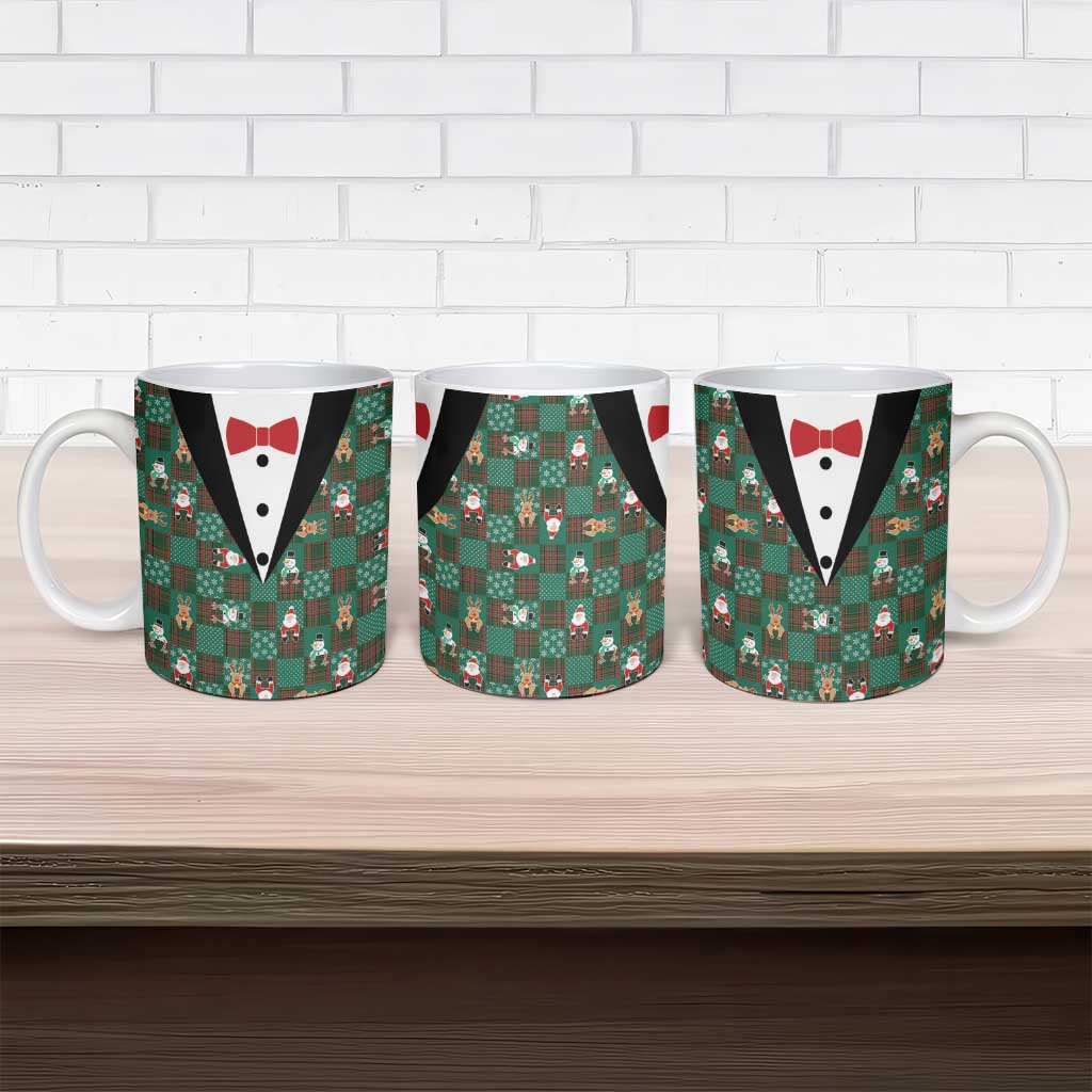 Christmas Patchwork Fake Tuxedo Ceramic Mug Santa and Reindeer Green Plaid Style - Wonder Print Shop