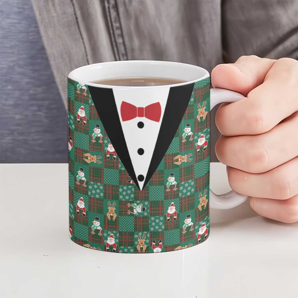 Christmas Patchwork Fake Tuxedo Ceramic Mug Santa and Reindeer Green Plaid Style - Wonder Print Shop