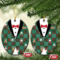 Christmas Patchwork Fake Tuxedo Ceramic Ornament Santa and Reindeer Green Plaid Style - Wonder Print Shop