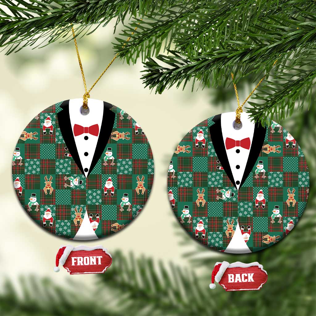 Christmas Patchwork Fake Tuxedo Ceramic Ornament Santa and Reindeer Green Plaid Style - Wonder Print Shop