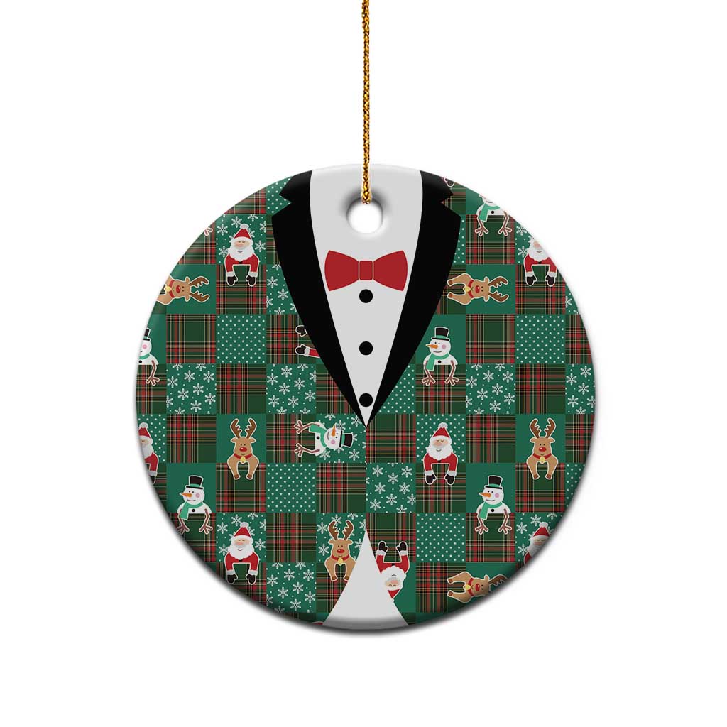 Christmas Patchwork Fake Tuxedo Ceramic Ornament Santa and Reindeer Green Plaid Style - Wonder Print Shop