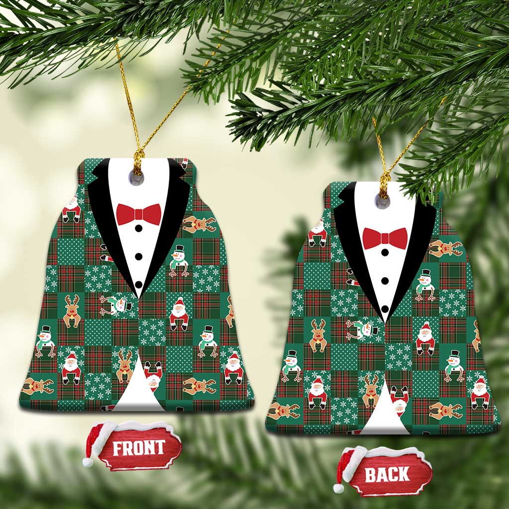 Christmas Patchwork Fake Tuxedo Ceramic Ornament Santa and Reindeer Green Plaid Style - Wonder Print Shop