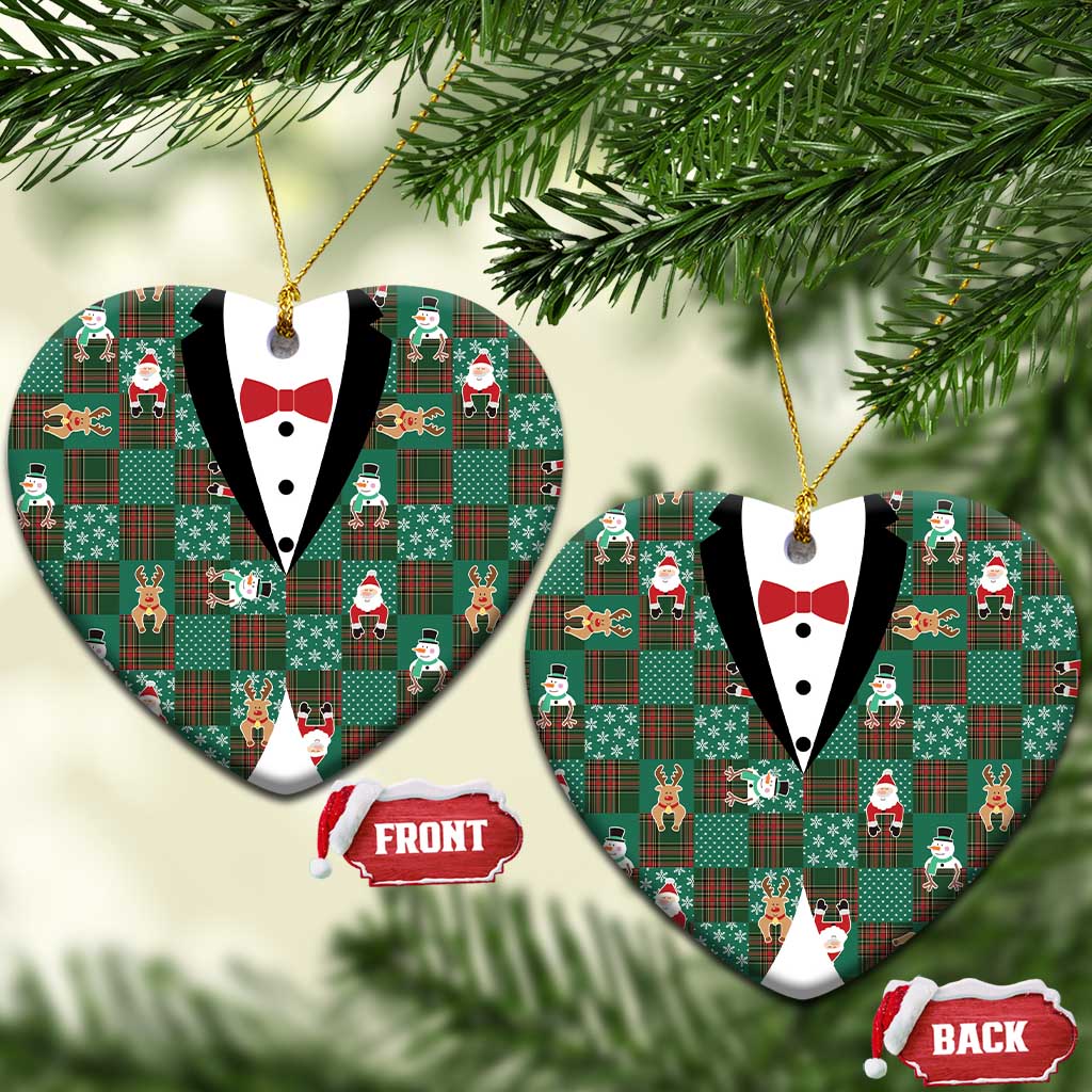 Christmas Patchwork Fake Tuxedo Ceramic Ornament Santa and Reindeer Green Plaid Style - Wonder Print Shop