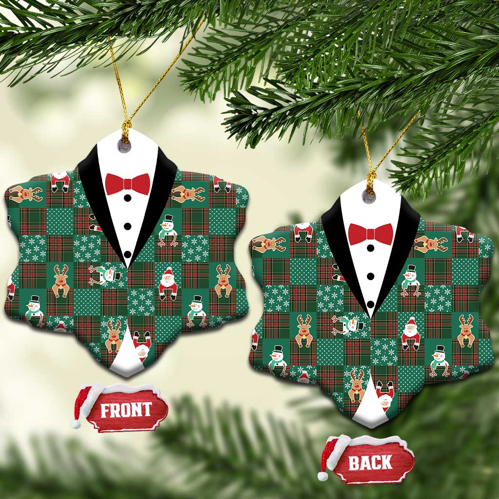 Christmas Patchwork Fake Tuxedo Ceramic Ornament Santa and Reindeer Green Plaid Style - Wonder Print Shop
