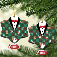 Christmas Patchwork Fake Tuxedo Ceramic Ornament Santa and Reindeer Green Plaid Style - Wonder Print Shop