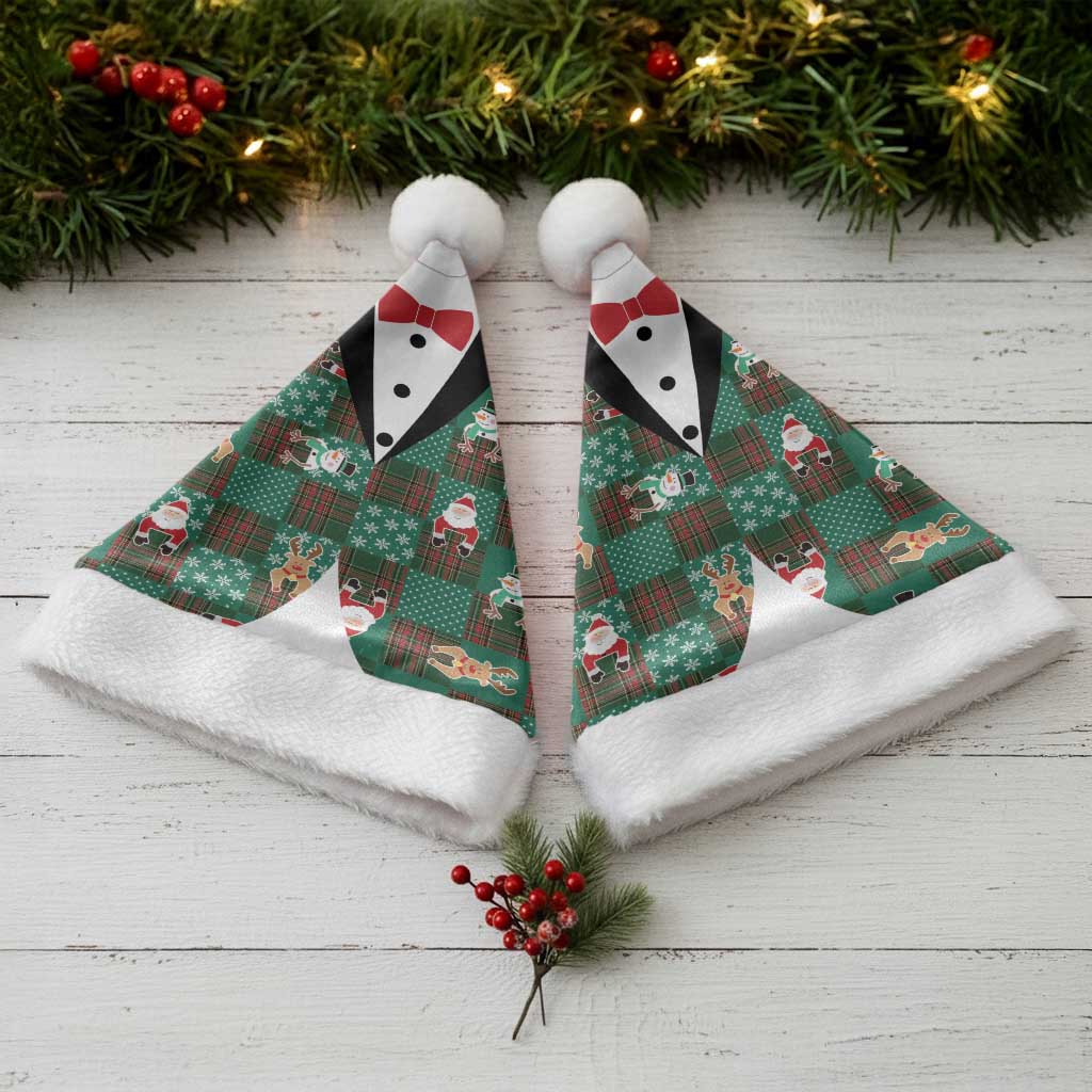 Christmas Patchwork Fake Tuxedo Christmas Santa Hat Santa and Reindeer Green Plaid Style - Wonder Print Shop