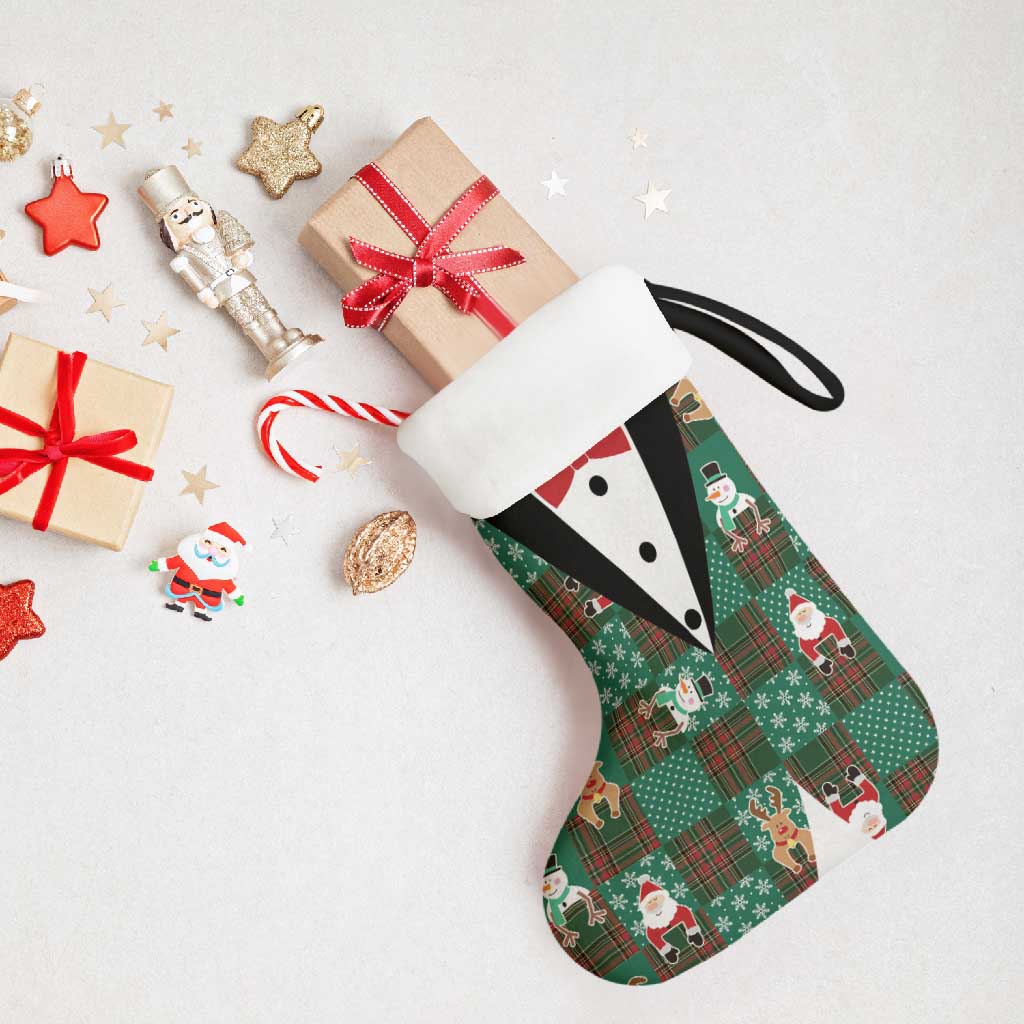 Christmas Patchwork Fake Tuxedo Christmas Stocking Santa and Reindeer Green Plaid Style - Wonder Print Shop