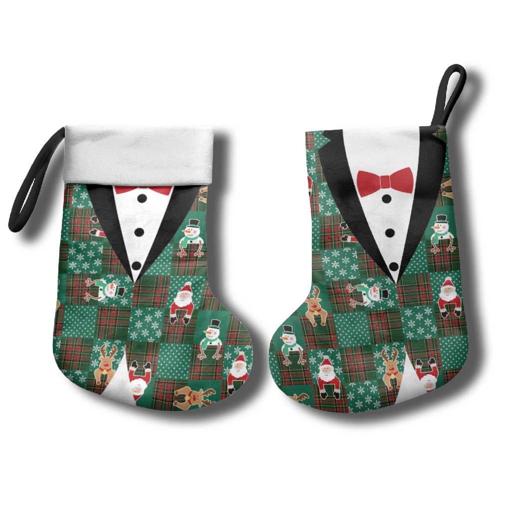 Christmas Patchwork Fake Tuxedo Christmas Stocking Santa and Reindeer Green Plaid Style - Wonder Print Shop