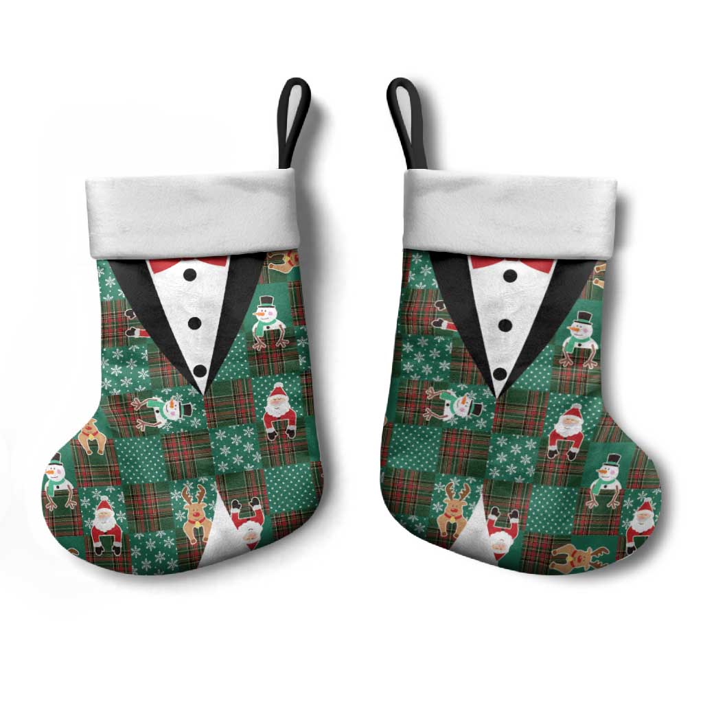 Christmas Patchwork Fake Tuxedo Christmas Stocking Santa and Reindeer Green Plaid Style - Wonder Print Shop