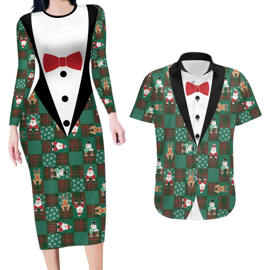 Christmas Patchwork Fake Tuxedo Couples Matching Long Sleeve Bodycon Dress and Hawaiian Shirt Santa and Reindeer Green Plaid Style - Wonder Print Shop