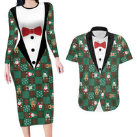 Christmas Patchwork Fake Tuxedo Couples Matching Long Sleeve Bodycon Dress and Hawaiian Shirt Santa and Reindeer Green Plaid Style - Wonder Print Shop