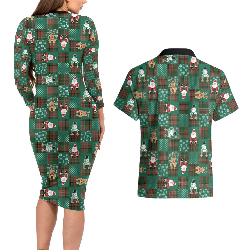 Christmas Patchwork Fake Tuxedo Couples Matching Long Sleeve Bodycon Dress and Hawaiian Shirt Santa and Reindeer Green Plaid Style - Wonder Print Shop