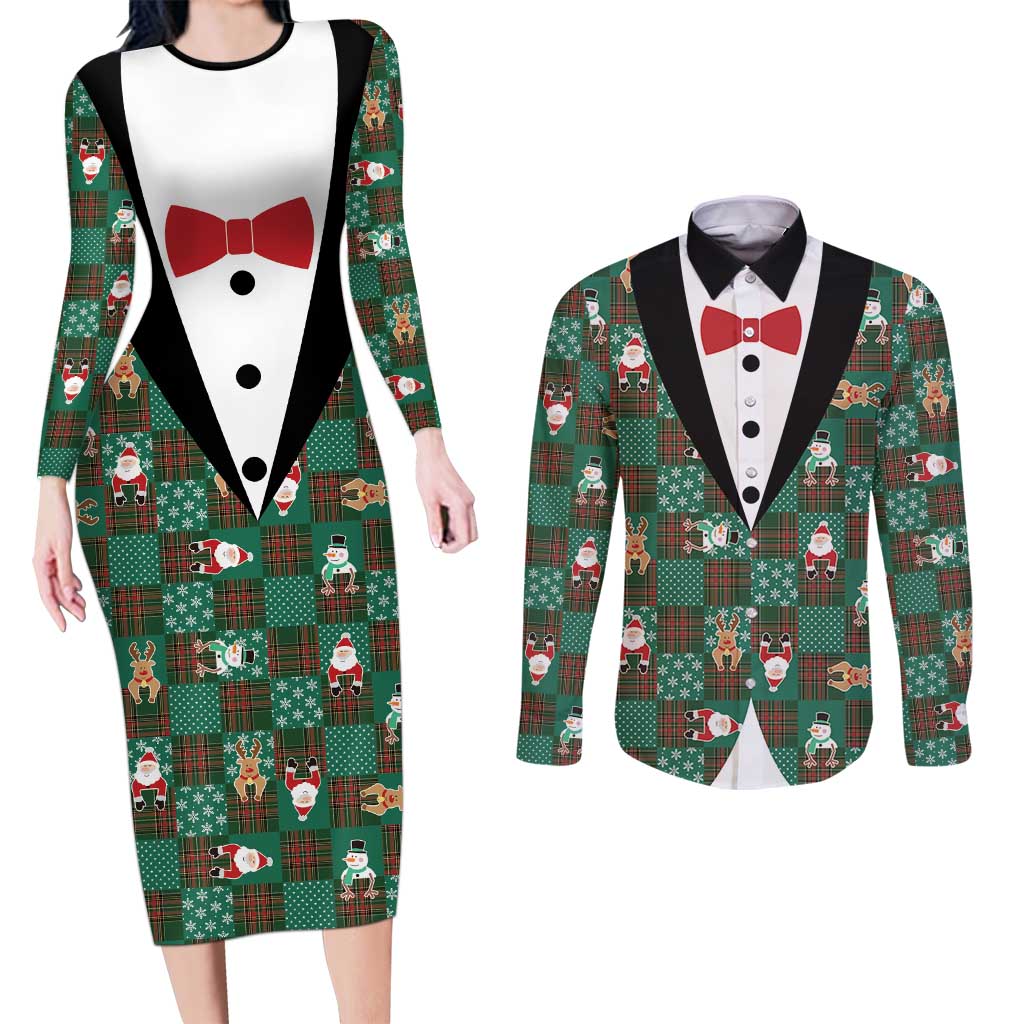 Christmas Patchwork Fake Tuxedo Couples Matching Long Sleeve Bodycon Dress and Long Sleeve Button Shirt Santa and Reindeer Green Plaid Style - Wonder Print Shop