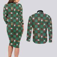 Christmas Patchwork Fake Tuxedo Couples Matching Long Sleeve Bodycon Dress and Long Sleeve Button Shirt Santa and Reindeer Green Plaid Style - Wonder Print Shop