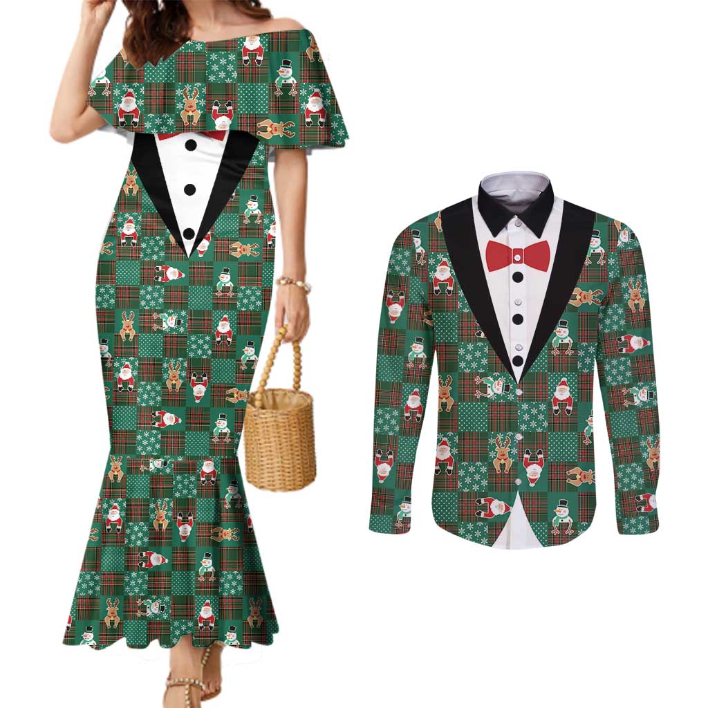 Christmas Patchwork Fake Tuxedo Couples Matching Mermaid Dress and Long Sleeve Button Shirt Santa and Reindeer Green Plaid Style - Wonder Print Shop